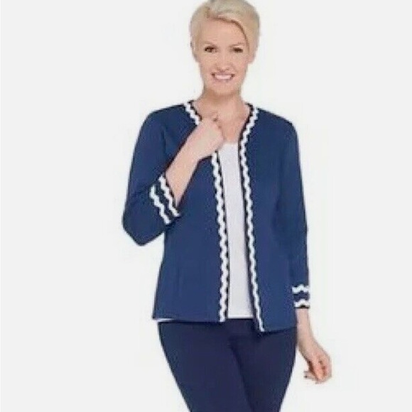 Bob Mackie wearable Art Open Front Navy Blue Jacket Ribbon Style Trim Size M - Picture 1 of 14